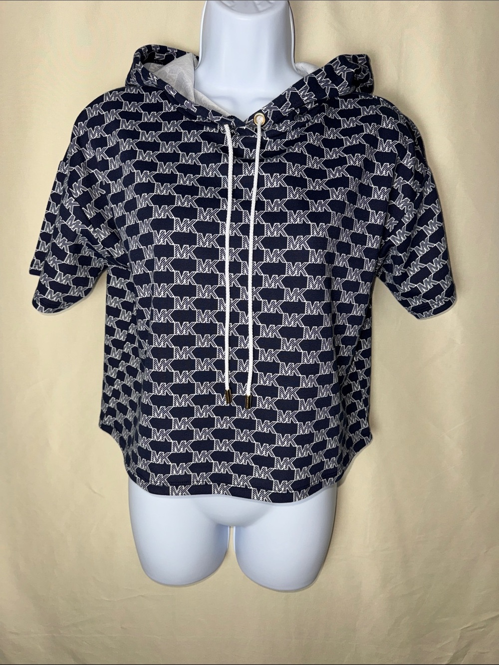 MICHAEL Michael Kors Navy and White MK Logo Short-Sleeve Hooded Pullover